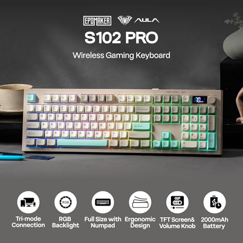 EPOMAKER Aula S102 PRO Membrane Gaming Keyboard w/TFT Screen & Volume Knob | Silent Keyboard w/ Number Pad for PC Game/Office, BT/2.4G/USB, RGB Backlit, Creamy Silicone Structure (Grey) - color: Grey