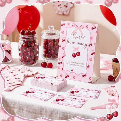 Cherry Bow Guess How Many Baby Shower Game Pack of 1 Tabletop Sign with Stand and 50 How Many Cards, Coquette Cherry Gender Reveal Party Game Decorations - style: Cherry Bow