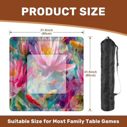Mahjong Mat 31.5" x 31.5" Intricate Watercolor Pond Art Lotus Fish Soft Pastels Non-Slip Noise Reduction Mahjong Tiles Table Cover for Dominoes Poker Card Board and Tile Games - color: Color1
