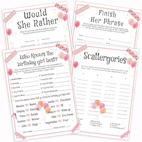 Birthday Party Games Set for Girls, Funny Girls Party Game, Girl Birthday‘s Supplies, Activity, Decorations, Includes Who Knows the Birthday Girl Best, Scattergories, 20 Double Sided Games Cards - color: Balloon, size: 4 in 1