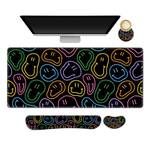 Large Gaming Mouse Pad Set, 4 in 1 Extended Keyboard Desk Mat with Wrist Rest, Computer Game Mousepad, Non-Slip Desk Pad Protector Easy Typing Pain Relief for Home Office I Black Retro Hippie - color: Black Retro Hippie