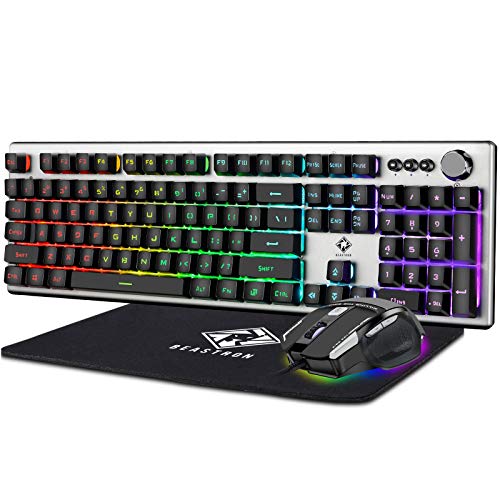 RGB Backlit Gaming Keyboard with Mouse Combo and Mouse pad, Multimedia Keyboard Knob,Mechanical Feel USB Wired Keyboard for Windows PC, Silvery White (10209) - color: silvery white