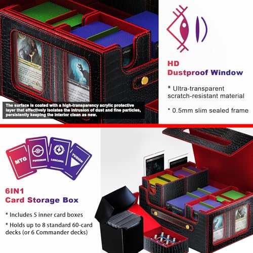 Commander Deck Box for MTG, 6-Deck Modular Card Case with Dice Tray, Holds 600+ Double-Sleeved Cards and 35PT Magnetic Card Holders for Trading Cards & TCG Collections Black/Red - color: Black&Red - Clutch Texture