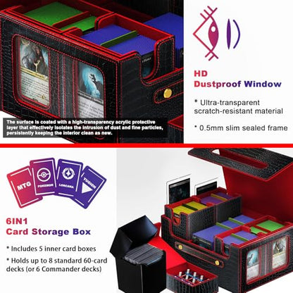 Commander Deck Box for MTG, 6-Deck Modular Card Case with Dice Tray, Holds 600+ Double-Sleeved Cards and 35PT Magnetic Card Holders for Trading Cards & TCG Collections Black/Red - color: Black&Red - Clutch Texture