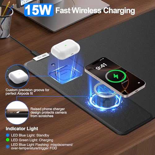 Magnetic Wireless Charging Mouse Pad, 27.5"x11.8" in, Black | Gaming Desk Mat with Superior Stitched Edges, Non-Slip Base, Waterproof Smooth Desk Writing Pad for Gamer, Office & Home - color: Black-27.5"x11.8"