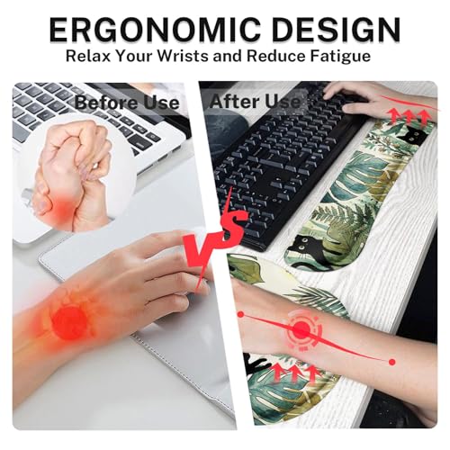 Britimes Green Tropical Plants Keyboard Mouse Pad Set Black Cats 4in1 Large Mousepad+Keyboard Wrist Rest+Mouse Wrist Rest+Coaster Ergonomic Design for Home Office Computer 35.4x15.7 inches - color: Tropical Plants and Cat