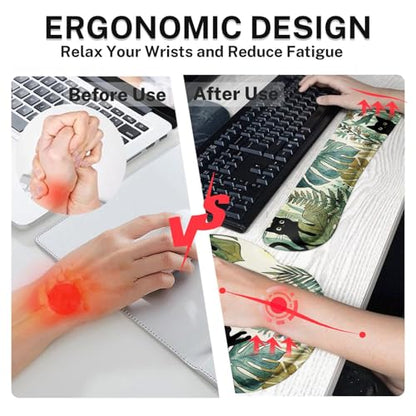 Britimes Green Tropical Plants Keyboard Mouse Pad Set Black Cats 4in1 Large Mousepad+Keyboard Wrist Rest+Mouse Wrist Rest+Coaster Ergonomic Design for Home Office Computer 35.4x15.7 inches - color: Tropical Plants and Cat