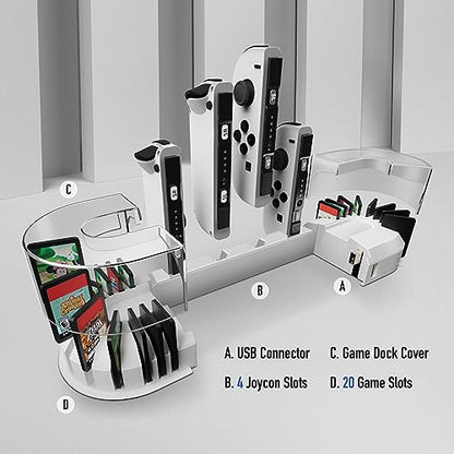 TNP Nintendo Switch Charging Dock, 4 Joy-Con Slots, 20-Card Holder, White | Joy-Con charging station for Nintendo Switch and Switch OLED with LED indicators, USB dock connection, and 4-slot capacity.