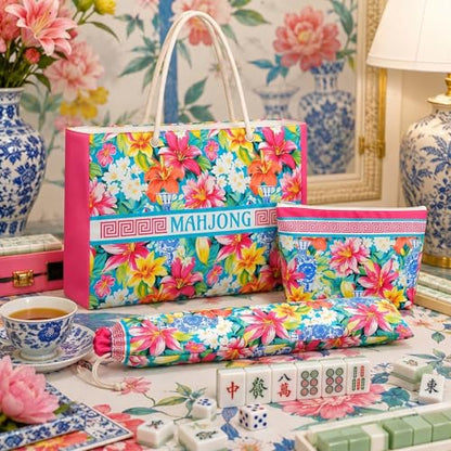 Soulchen 3 Pcs Empty Mahjong Bag Set American Mahjong Buckled and Zippered Carrying Bag with Handle, Tile case and Drawstring Protective Sleeve for Rack Game Travel Accessories Gift(Rose Red Floral) - style: Rose Red Floral