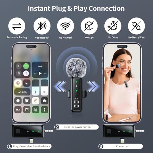 Microphone for iPhone & Android, Wireless Mini Microphone | Battery Display, Clear Voice, Noise Cancelling, 3 in 1 Lavalier Mic for TikTok, YouTube & Interviews, Dual Mic - style: USB-C+Lightning+USB-A+3.5mm Jack