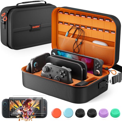 COOWPS Switch 2 Case Bundle for Nintendo Switch 2, with 2-Pack Screen Protector, 6Pcs Thumb Grips, 20 Game Card Slots, Portable Travel Full Protection All In One Storage Case for Switch 2 Accessories - color: Black&Orange