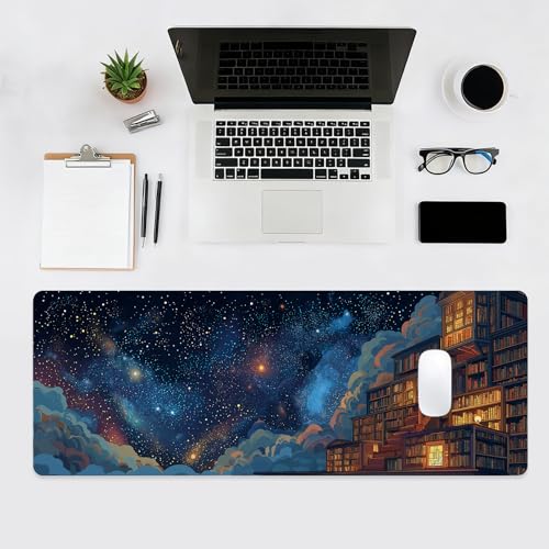 Starry Sky Large Mouse Pad, Desk Mat, Big Gaming Mousepad, XL Extended Laptop Desk Pad with Stitched Edges Non-Slip Rubber Base, Computer Keyboard Mat for Office Home, 31.5x11.8in, Bookshelf - color: Starry Sky