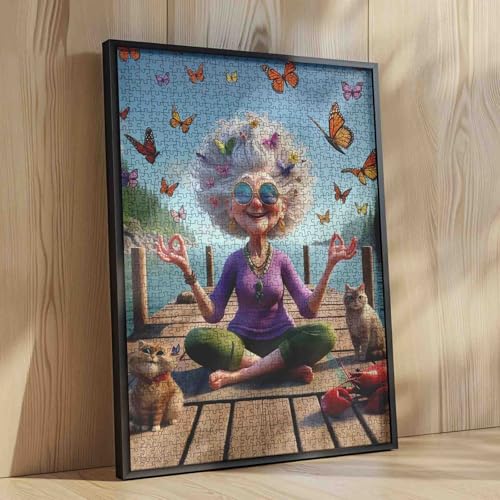 Funny Grandma Meditation Yoga Jigsaw Puzzle for Adults Students 1000 Pieces Butterfly Cat Lobster Relaxing Lake Scenery Whimsical Animals 20×27 Inches Large Puzzle Brain Challenge Gift for Women Men - color: Puzzle-old Woman-02