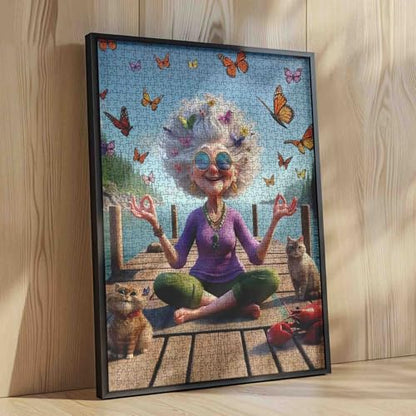 Funny Grandma Meditation Yoga Jigsaw Puzzle for Adults Students 1000 Pieces Butterfly Cat Lobster Relaxing Lake Scenery Whimsical Animals 20×27 Inches Large Puzzle Brain Challenge Gift for Women Men - color: Puzzle-old Woman-02