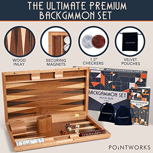 Pointworks 17 Inch Backgammon Sets for Adults. Beautiful Wood Inlaid Backgammon Board Game Set with Unique Checkers & Dice. Large Back Gammon Game Sets Travel Size for 2 Players Nardi or Tavla - style: Backgammon