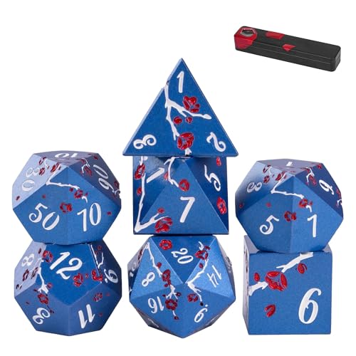 UDIXI Metal Dice Set D&D, 7PCS Flower Metal DND Dice Set Blue for RPG | Red Flower, Metal Case Packaging, Heavy Metal Dice, D&D Gift, for Dungeons and Dragons Role Playing Games Tabletop Games - color: Blue-white