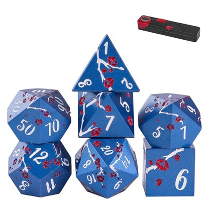 UDIXI Metal Dice Set D&D, 7PCS Flower Metal DND Dice Set Blue for RPG | Red Flower, Metal Case Packaging, Heavy Metal Dice, D&D Gift, for Dungeons and Dragons Role Playing Games Tabletop Games - color: Blue-white