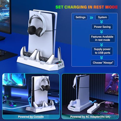 PS5/Slim/Pro Cooling Station with Controller Charging Station for PlayStation 5 Slim/Pro Console, PS5 Cooling Stand Cooler Accessories Incl Cooling Fan, 3 USB Hubs, Headset Holder, Screw - White - color: White