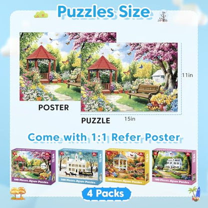 4 Pack 100 Piece Puzzles for Seniors, Four Seasons Jigsaw Puzzles | Elderly Large Piece Puzzle for Adults & Kids Ages 4-6 6-8 8-10, Easy Beginner Puzzle Family Educational Toy Gift - color: Seasons Scenery