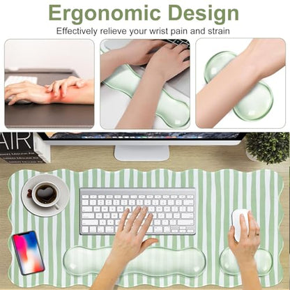 L-SPOUTTO Green Striped Mouse Pad Set,Scalloped XXL Desk Mat + Ergonomic Mouse Wrist Rest + Gel Keyboard Wrist Rest for Keyboard 65%/75%,3in1 Large Desk Pad for Desktop Home Office Computer Game - color: Green Striped