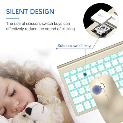 Wireless Backlit Keyboard and Mouse Ultra Slim Combo, TopMate 2.4G Silent Compact 2400DPI Mouse and Scissor Switch Keyboard Set, Batteries Included, for PC/Laptop/Windows/Mac/Gaming - BL Gold White - color: BL Gold White