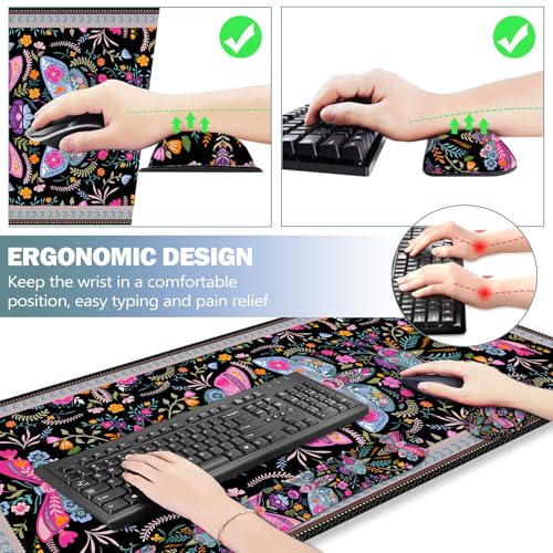 ARTSO Black Desk Mat Set, Extended Gaming Mouse Pad with Wrist Rest Support +Keyboard Wrist Rest +Coaster, Large Cute Butterfly Mousepad, Colorful Butterfly - color: Colorful Butterfly