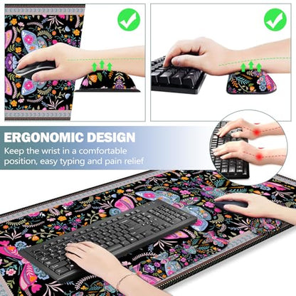 ARTSO Black Desk Mat Set, Extended Gaming Mouse Pad with Wrist Rest Support +Keyboard Wrist Rest +Coaster, Large Cute Butterfly Mousepad, Colorful Butterfly - color: Colorful Butterfly