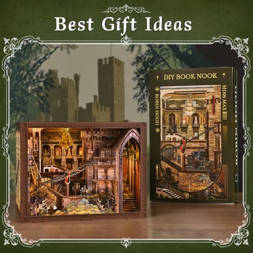MiniCity Robin Hood Escape Book Nook Kit, Wooden Miniature House with LED | 351-piece wood/paper/plastic kit with LED and dust cover; glue/tools included; 8-10 hr project for shelf decor, ages 14+. - style: Robin Hood