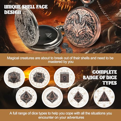 D&D Dice Set,7PCS Metal Dice for Dungeons and Dragons,Mini Dice Set with Pocket Watch Case,Role Playing Board Games Accessories (Dragon, Copper) - color: Copper, style: Dragon