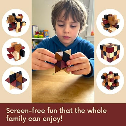 Wooden Brain Teaser Puzzles 6 Pack - 3D Brain Teasers for Adults & Kids - Educational and Fun Gift Ideas - Mind Puzzles