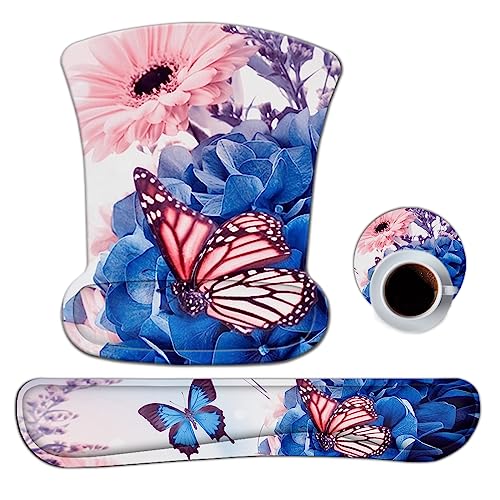AIMSA Wrist Rest Support Mouse Pad Ergonomic, Memory Foam Keyboard Wrist Rest Set Non-Slip Easy Typing and Relieve Wrist Pain Mouse Mat for Computer Office -Butterfly Flower - color: Butterfly Flower