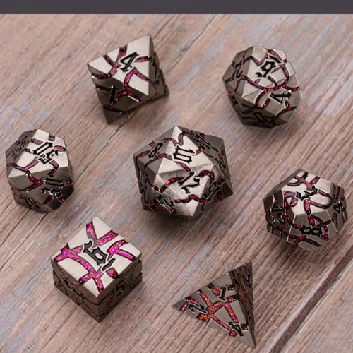 Cracked Rune Metal Dice Set for DND & RPG – Dark Fantasy Fractured Design, Premium Heavy Metal Polyhedral Dice with Deep Engraved Numbers, 7-Piece Set – Red Infernal Vein - color: Antique Silver Rose Red