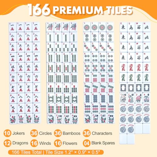 Premium American Mahjong Set, 166 Scratch-Resistant Melamine Tiles with 4 All-in-One Racks & Pushers, Thick Numbered Scoring Chips, Jungle Canvas Tote Bag for Easy Storage, Travel & Gifting (Beginner)