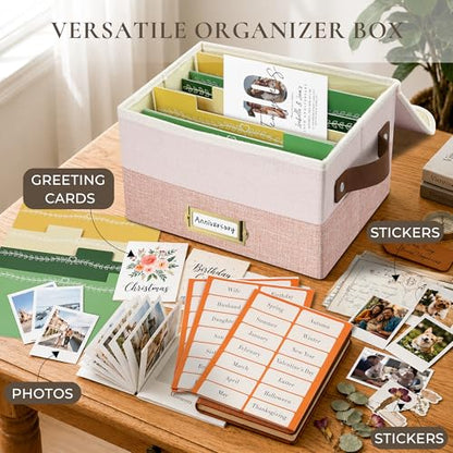 Vienrose Greeting Card Organizer Box, Foldable Storage Box with 20 Removable Dividers and 84 Self-Adhesive Labels, Card Box for Greeting Cards Photos Envelopes Stickers Postcards, Light Pink&Lotus - color: Light Pink & Lotus