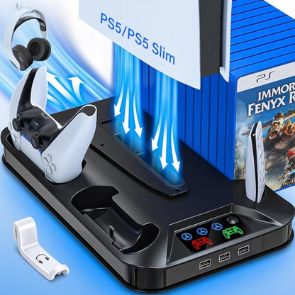 PS5 / PS5 Slim Cooling Station with Controller Charging Station for PlayStation 5 Console Disc/Digital, Cooling Stand for PlayStation 5 Slim with Cooler Fan Accessories with 3 USB Hubs/Headset Holder - color: Black