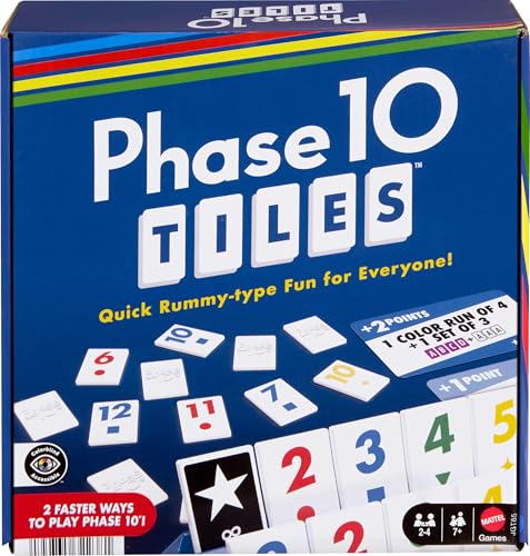 Mattel Games Phase 10 Tiles Game, Quick Family Rummy-Type Play with 32 Cards Featuring Unique Phases and Two Ways to Play, for 2-6 Players - style: Phase 10 Tiles