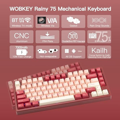 KEEBMONKEY WOBKEY Rainy 75 CNC Aluminum HMX/JWK/Cocoa Switches Triple-Mode Connectivity Mechanical Keyboard with Superior Acoustics, RGB/FR4/Silver SUS304/7000mAh/Cocoa Switch (Pro - Red Velvet) - style: Pro - Red Velvet