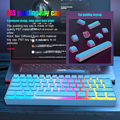 DGG 60% Wired Gaming Keyboard, Pudding Keycaps with Translucent Layer, RGB Backlit Ultra-Compact Small Keyboard, Waterproof Mini Compact 61 Keys Keyboard for PC/Mac Gamer, Typist, Travel, Blue - color: Blue