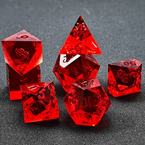 Bescon Crystal Clear (Unpainted) Sharp Edge DND Dice Set of 7, Razor Edged Polyhedral D&D Dice Set for Dungeons and Dragons Role Playing Games, Ruby Color - color: Ruby