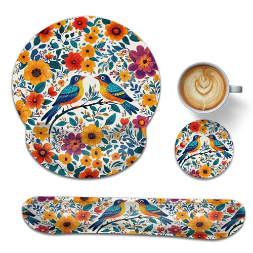 Bird Flower Ergonomic Keyboard and Mouse Wrist Rest Set, Mexico Mouse Pad with Non Slip Base, Soft Cloth Surface for Office and Home Typing Support - color: Bird Flower Mexico