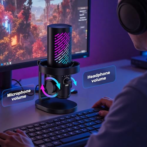 CG1 RGB Condenser Microphone Plug & Play, Noise Cancellation, Mute,Computer/Mic Monitoring Balance Adjustment, Headphone Jack, Desktop Stand for Gaming, Streaming, Podcasting, PC/Type-C Phones