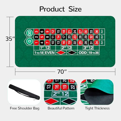 70 x 35 Inch Poker Mat for Table, Texas Hold'em Poker Table Top Mat with Carrying Bag, Waterproof Anti-Slip Rubber Blackjack Mat for Home Game Nights Up to 8 Players - color: Dark Green-roulette