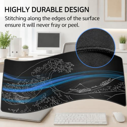 KTRIO Large Gaming Mouse Pad, Desk Mat, 31.5 x 11.8 in, Kanagawa Wave, XL | Smooth Micro-Weave Surface, Artistic Pattern Design, Non-Slip Rubber Base, Durable Stitched Edges, Office & Home Use - color: Kanagawa Wave, size: 31.5l X 11.8w Inches