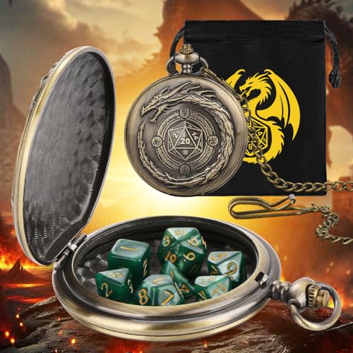 Dragon with D20 Theme Dice Set, Green Small Acrylic Dice for RPGs Pathfinder, DND Starter Set, Pocket Watch Dice Set Gift with Bag, Mystery Gifts for DND Fans, Stocking Stuffer Gifts - color: Dragon with D20