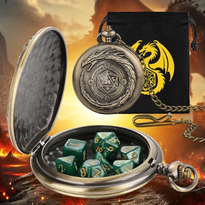 Dragon with D20 Theme Dice Set, Green Small Acrylic Dice for RPGs Pathfinder, DND Starter Set, Pocket Watch Dice Set Gift with Bag, Mystery Gifts for DND Fans, Stocking Stuffer Gifts - color: Dragon with D20