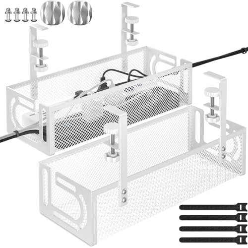 Under Desk Cable Management Tray, 15.7'' No Drill Steel Desk Cable Organizers, Wire Management Tray Cable Management Rack (2 Packs-White) - color: 2 Packs-15.7"-White