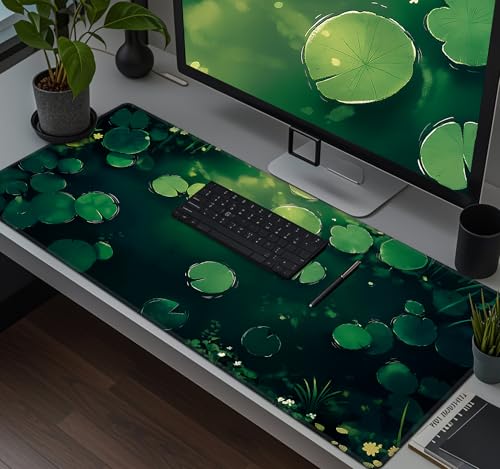 Baziabbo Green Desk Mat,XXL Extended Big Mouse Pad,Gaming Mousepad with Stitched Edge,Non-Slip Rubber Base Keyboard Desk Pad for Home Office Study Game - color: Pond Lotus Leaf