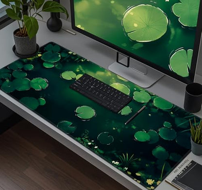 Baziabbo Green Desk Mat,XXL Extended Big Mouse Pad,Gaming Mousepad with Stitched Edge,Non-Slip Rubber Base Keyboard Desk Pad for Home Office Study Game - color: Pond Lotus Leaf
