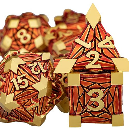 Metal DND Dice Set Golden Red Debris RPG D and D Dice for use with D&D Tabletop Games Role Playing Game Polyhedral Dice Set with Box D20 D12 D10 D8 D6 D4 - color: Red Gold