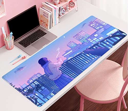 Purple Anime Kawaii Desk Mat Mousepad Cute Cat XXL Large Gaming Japanese Girly Aesthetic Mouse Pad Tokyo Street Desk Mat 31.5x15.75 in, Girl Gamer Desktop Mat Computer Laptop Keyboard Mouse Mat - color: Purple Pink Anime Girly